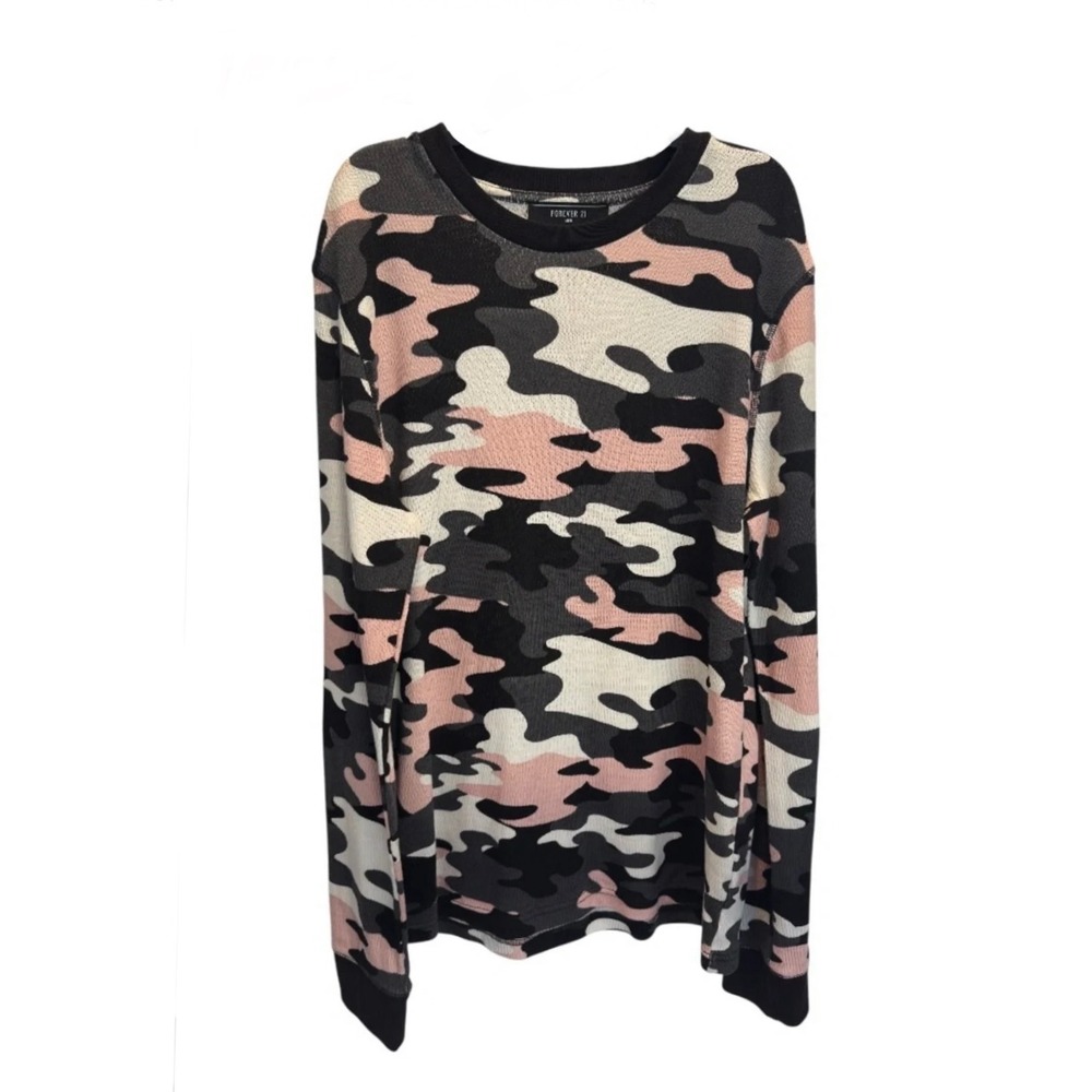 Forever 21 Men Pink Camo Thermal Waffle Knit Long Sleeve Shirt Medium